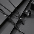3pcs Set Men's Stainless Steel Metal Cross Pendant Chain Necklace Bracelet Ring Jewelry Set Male Hip Hop Daily Wear Accessories