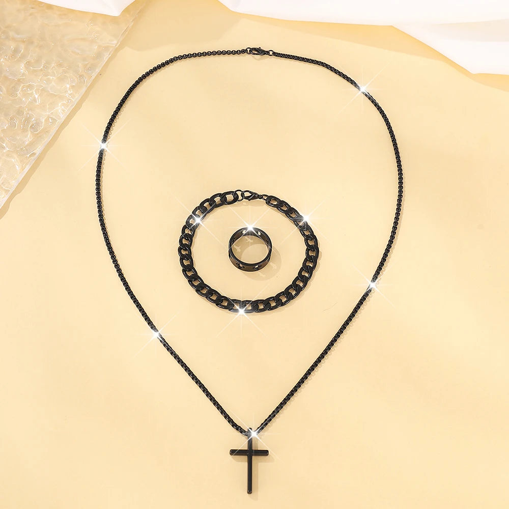 3pcs Set Men's Stainless Steel Metal Cross Pendant Chain Necklace Bracelet Ring Jewelry Set Male Hip Hop Daily Wear Accessories