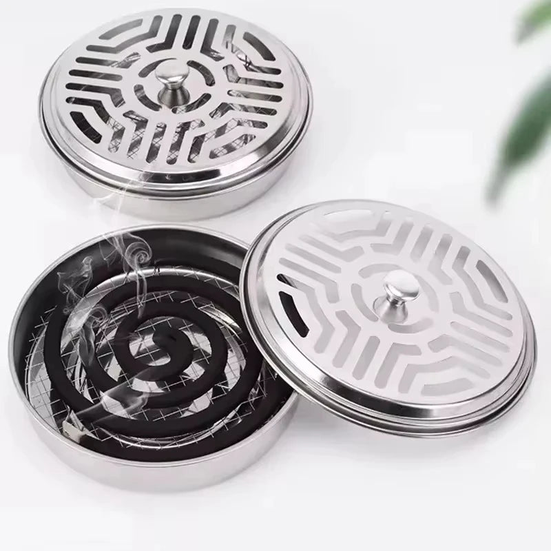 Mosquito Coils Holder Stainless Steel Mosquito Coil Box with Cover Round Mosquito Coil Tray Easy To Clean Anti-Mosquito Supplies