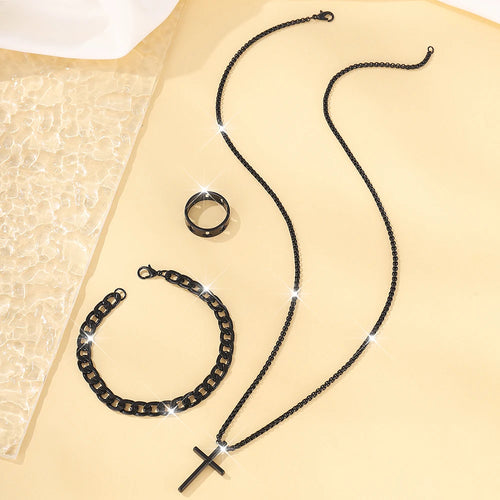 3pcs Set Men's Stainless Steel Metal Cross Pendant Chain Necklace Bracelet Ring Jewelry Set Male Hip Hop Daily Wear Accessories
