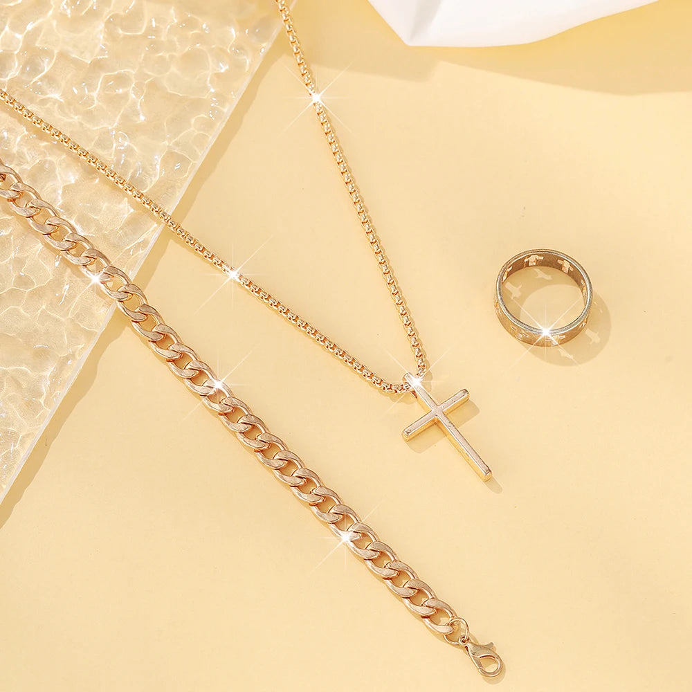 3pcs Set Men's Stainless Steel Metal Cross Pendant Chain Necklace Bracelet Ring Jewelry Set Male Hip Hop Daily Wear Accessories