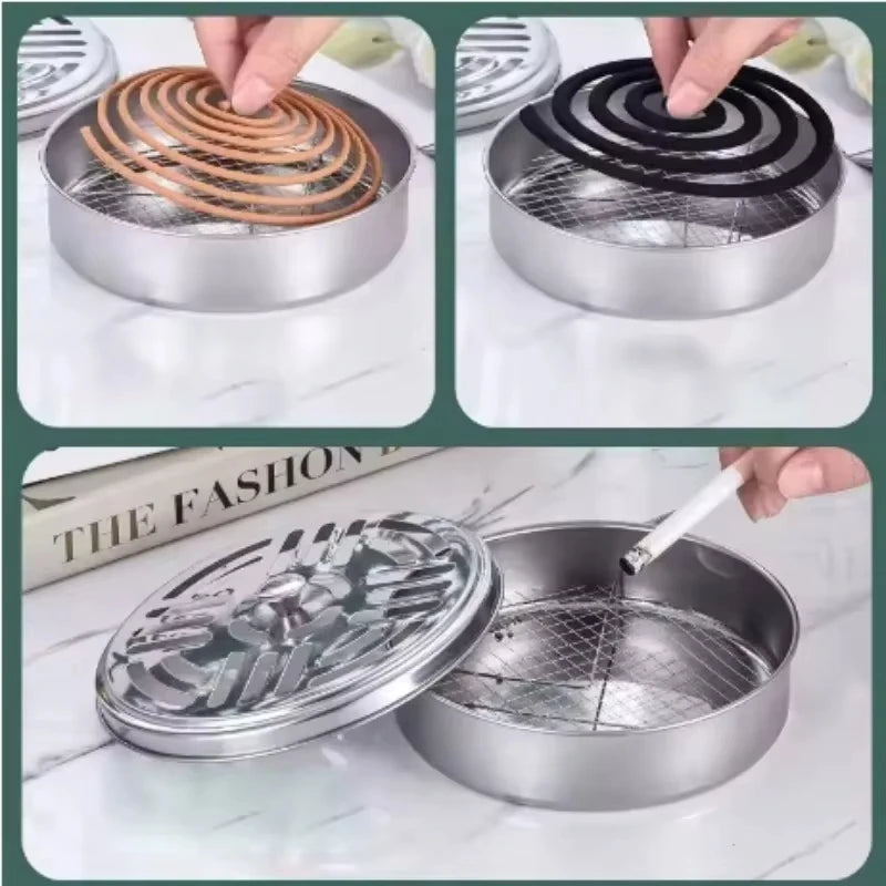 Mosquito Coils Holder Stainless Steel Mosquito Coil Box with Cover Round Mosquito Coil Tray Easy To Clean Anti-Mosquito Supplies