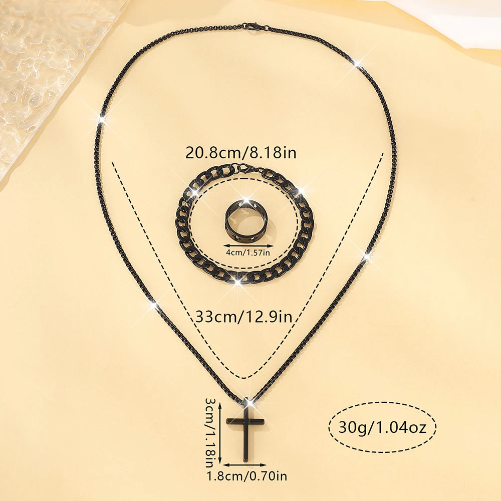 3pcs Set Men's Stainless Steel Metal Cross Pendant Chain Necklace Bracelet Ring Jewelry Set Male Hip Hop Daily Wear Accessories