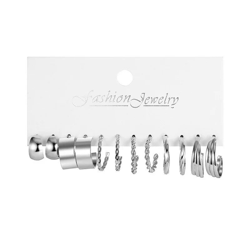 Boho Silver Color Twist Hoop Earrings Set Brincos Heart Pearl Hoops Vintage Metal Geometric Earrings for Women Trendy Jewerly