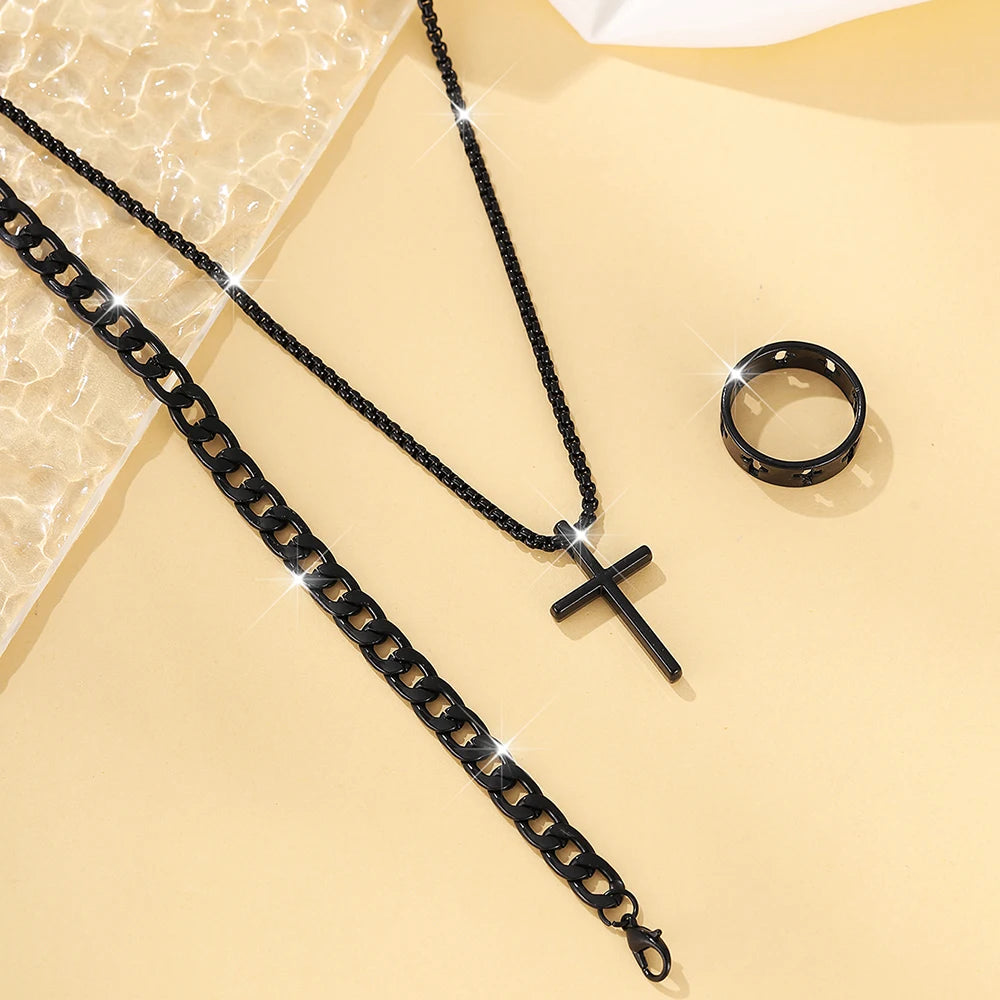 3pcs Set Men's Stainless Steel Metal Cross Pendant Chain Necklace Bracelet Ring Jewelry Set Male Hip Hop Daily Wear Accessories